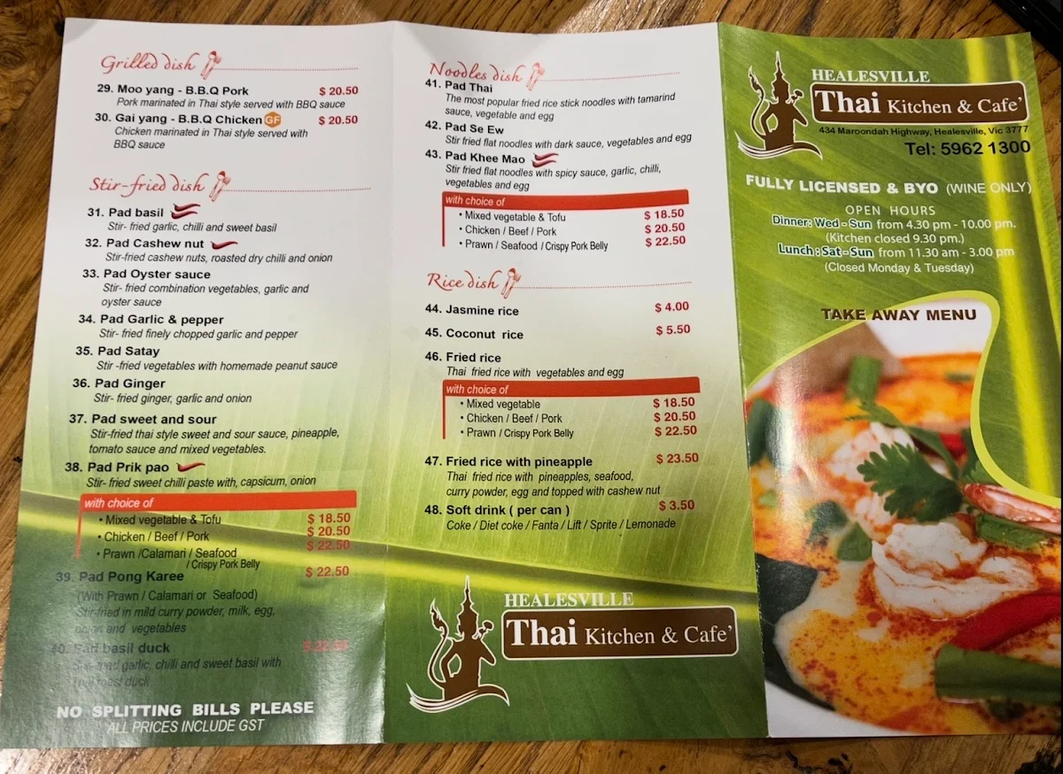 Menu, Healesville Thai Kitchen