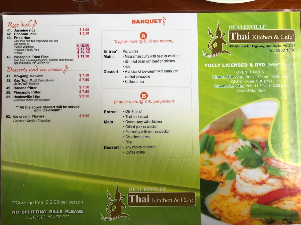 Menu, Healesville Thai Kitchen