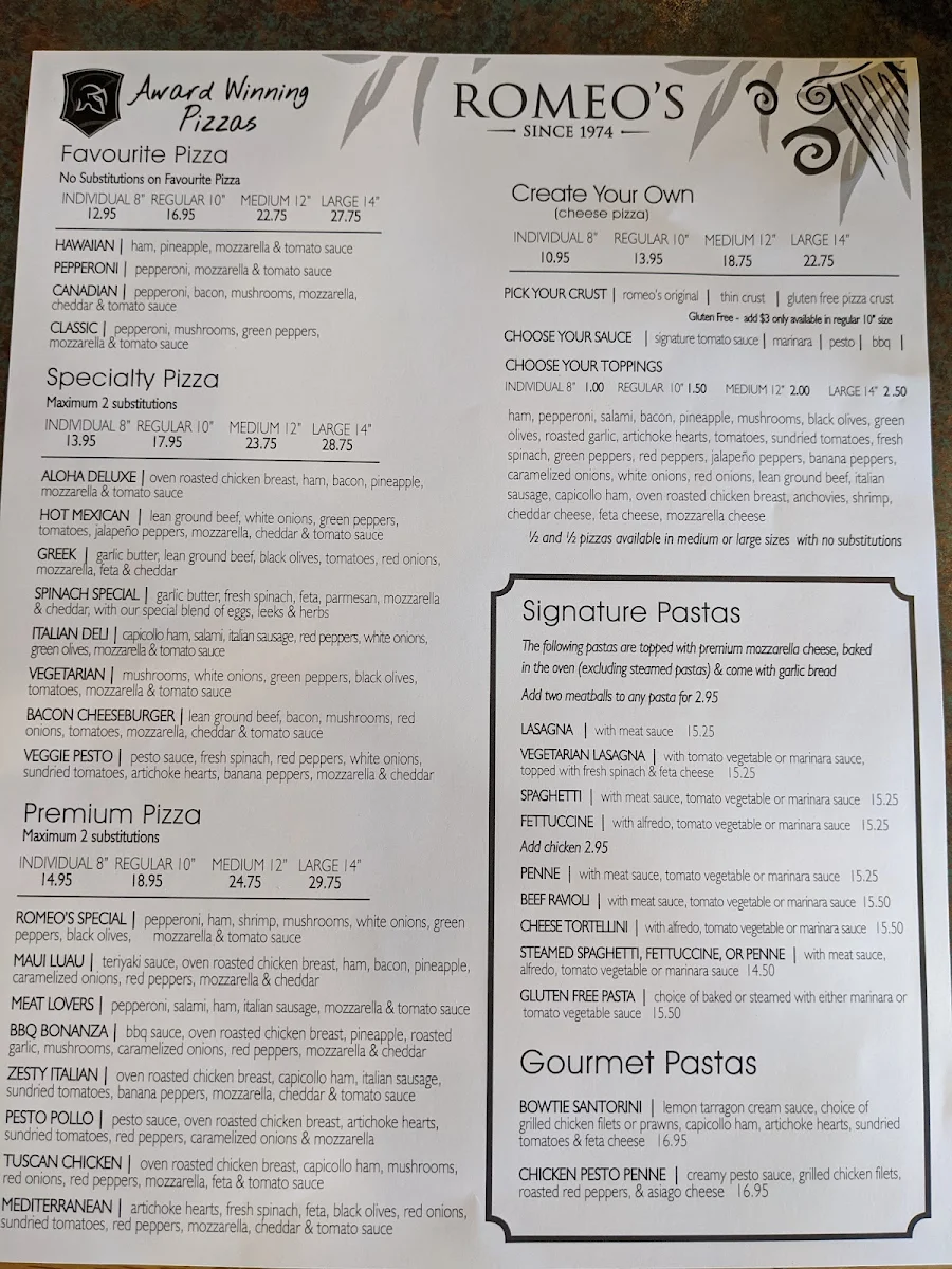 Menu, Romeo's