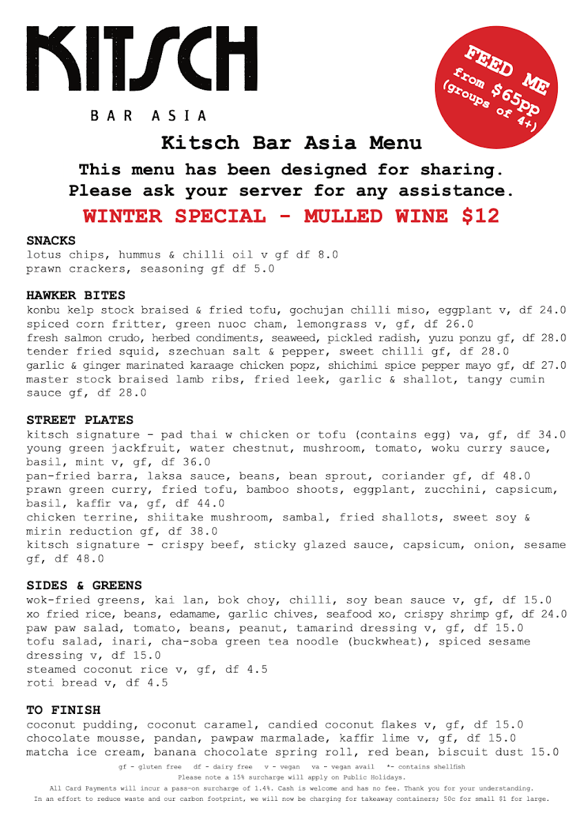 Menu, Kitsch Bar Asia