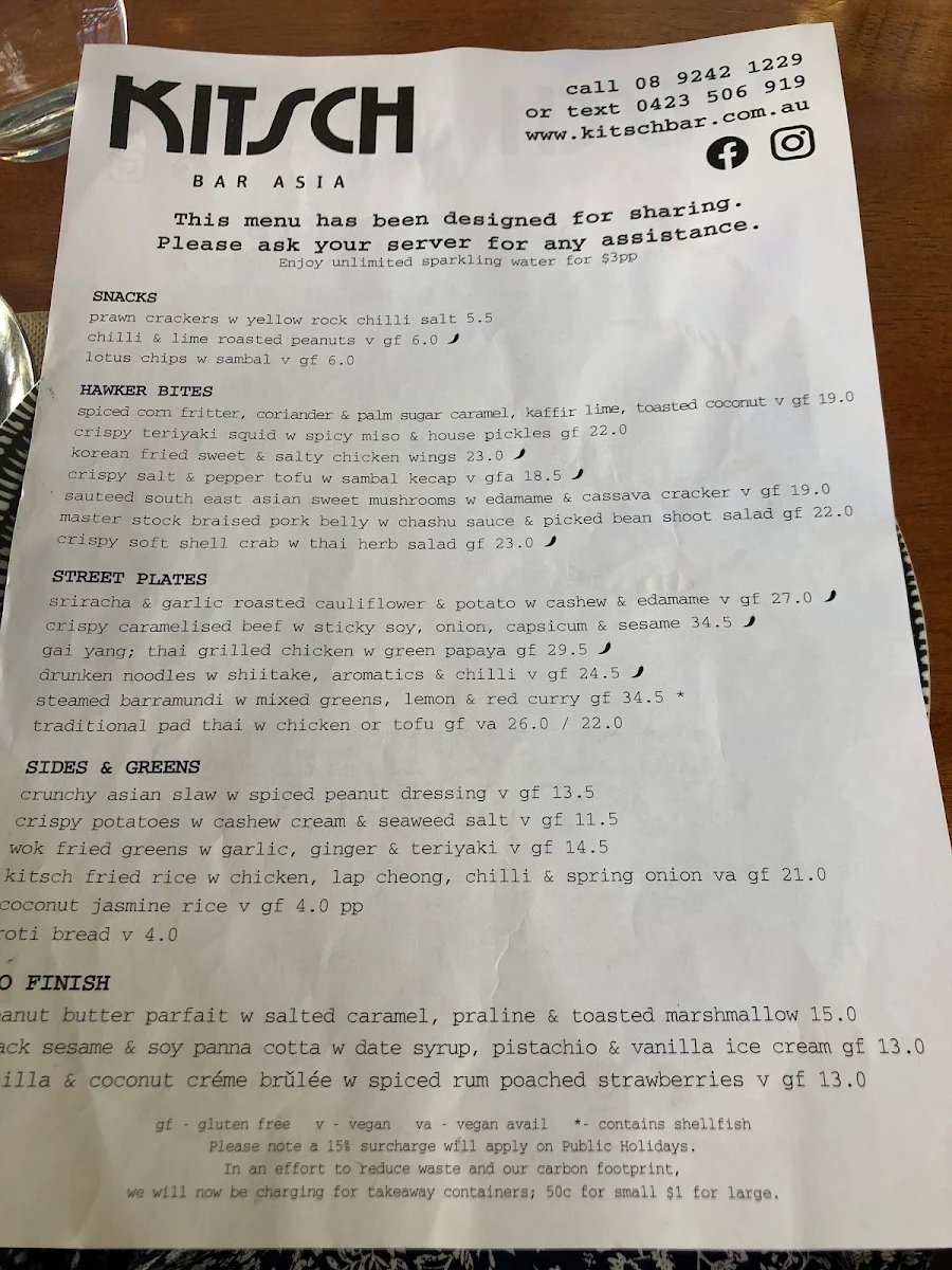 Menu, Kitsch Bar Asia