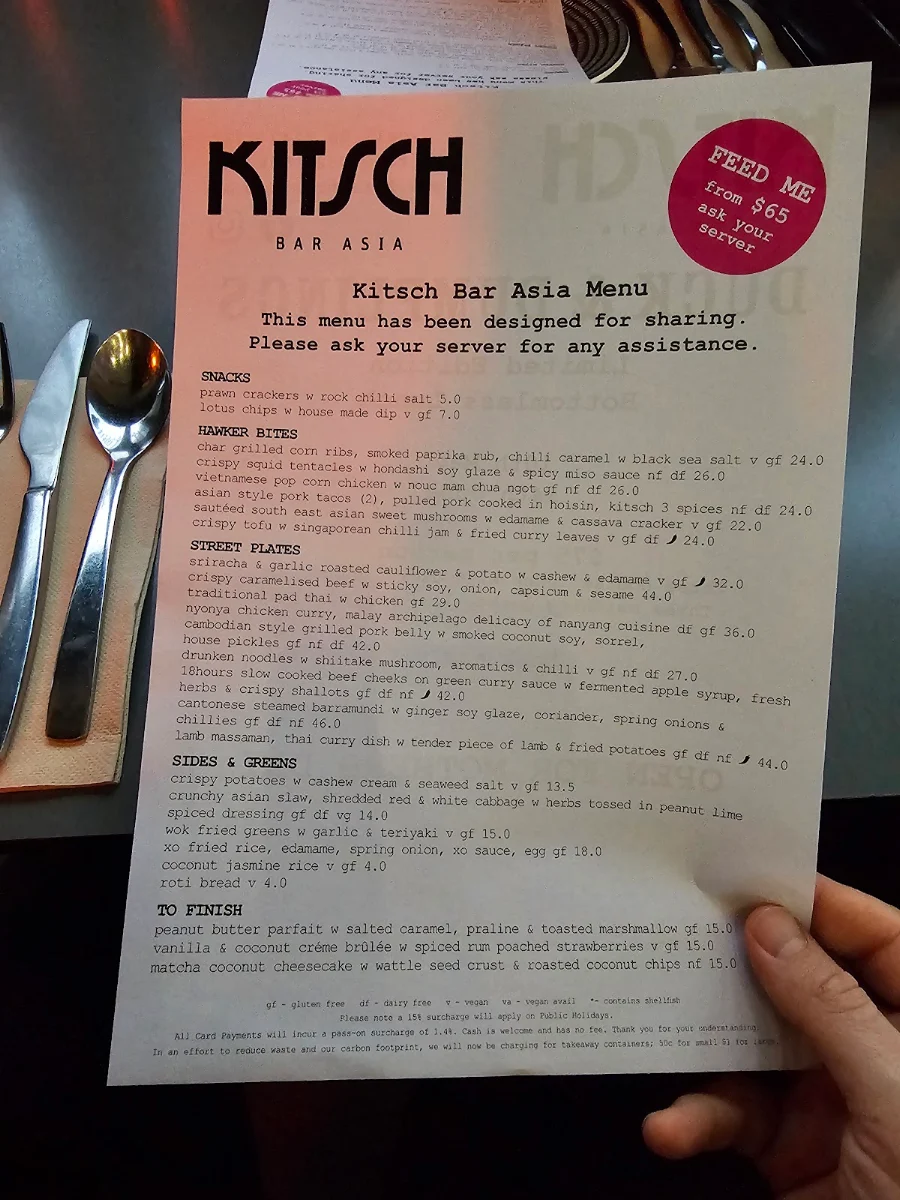 Menu, Kitsch Bar Asia
