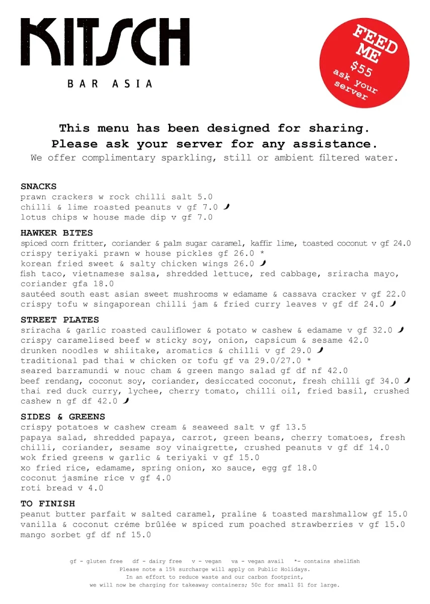 Menu, Kitsch Bar Asia