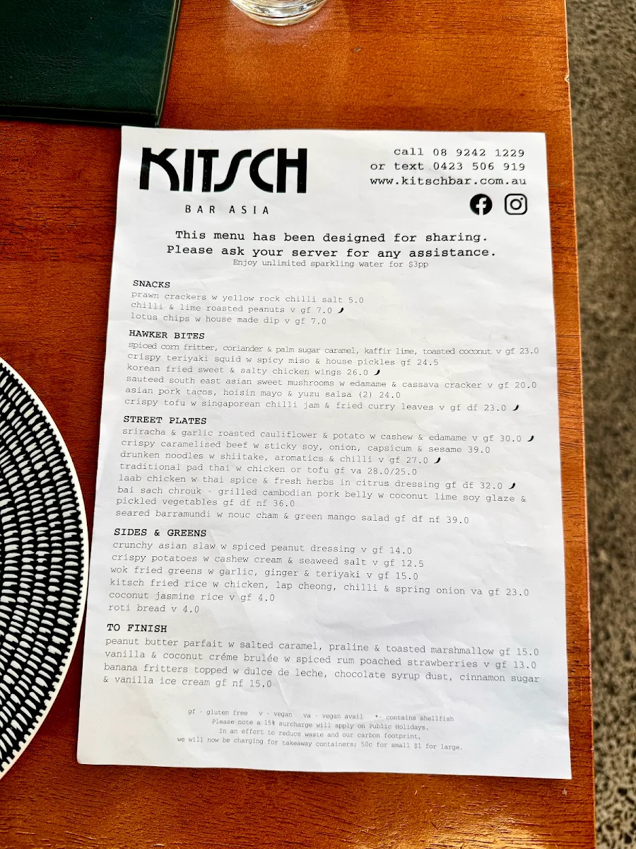 Menu, Kitsch Bar Asia
