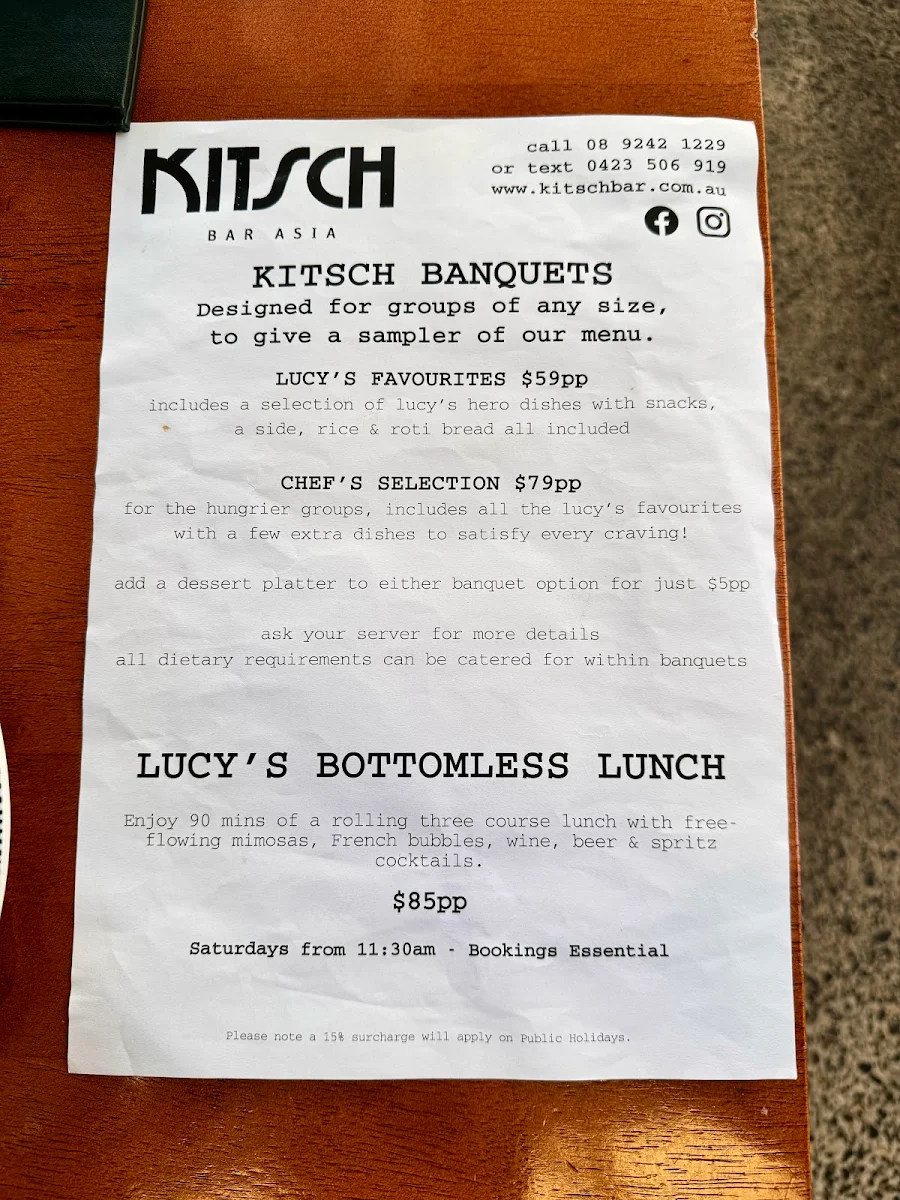 Menu, Kitsch Bar Asia