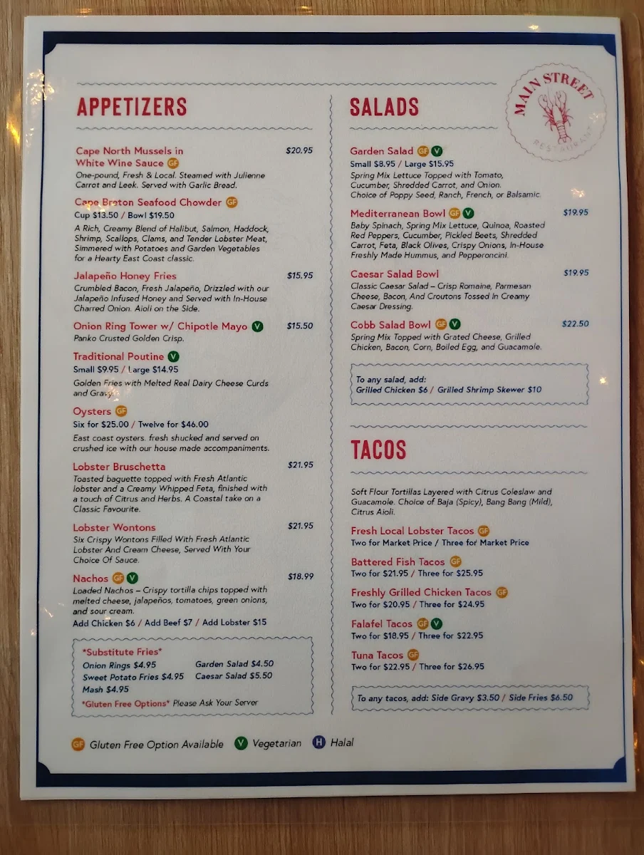 Menu, Main Street Restaurant- Baddeck