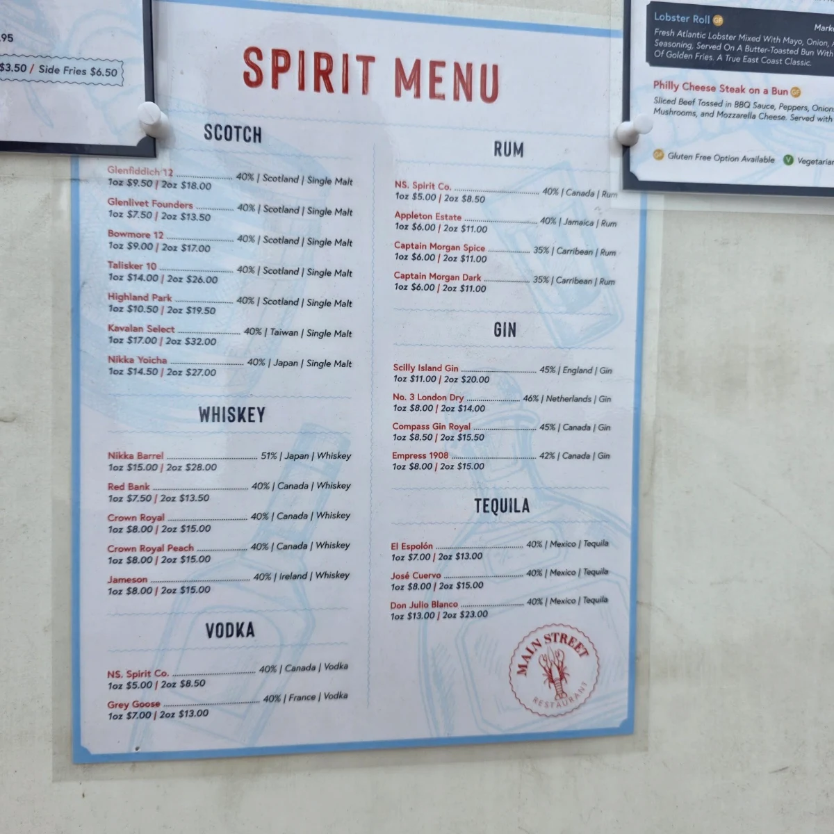 Menu, Main Street Restaurant- Baddeck