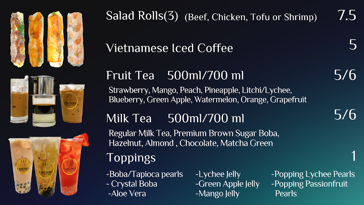 Menu, 3 Sisters Vietnamese Subs