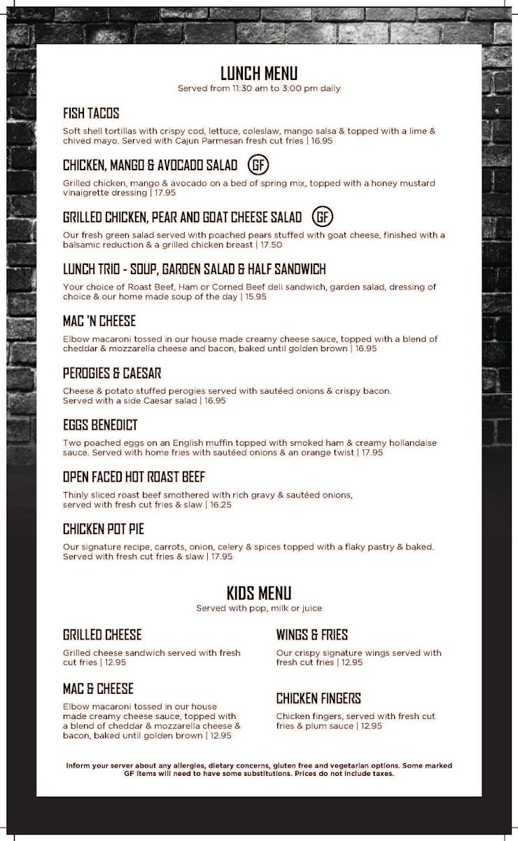 Menu, The Cat & The Fiddle Lindsay