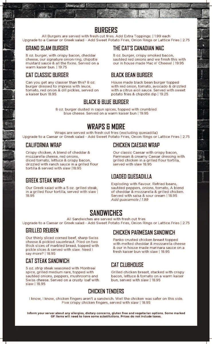 Menu, The Cat & The Fiddle Lindsay