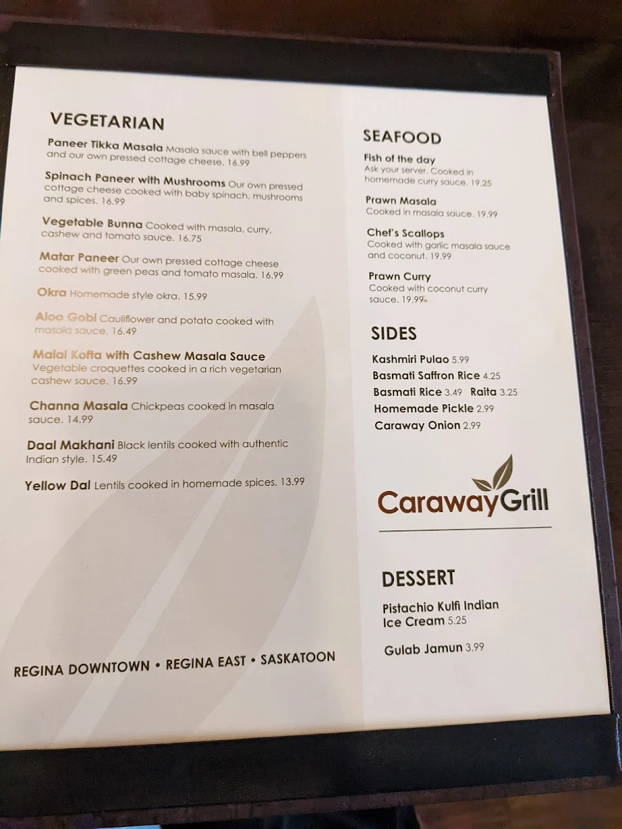 Menu, Caraway Grill - Regina Downtown