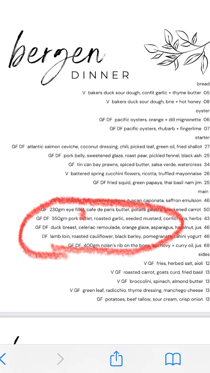 Menu, Bergen Toowoomba