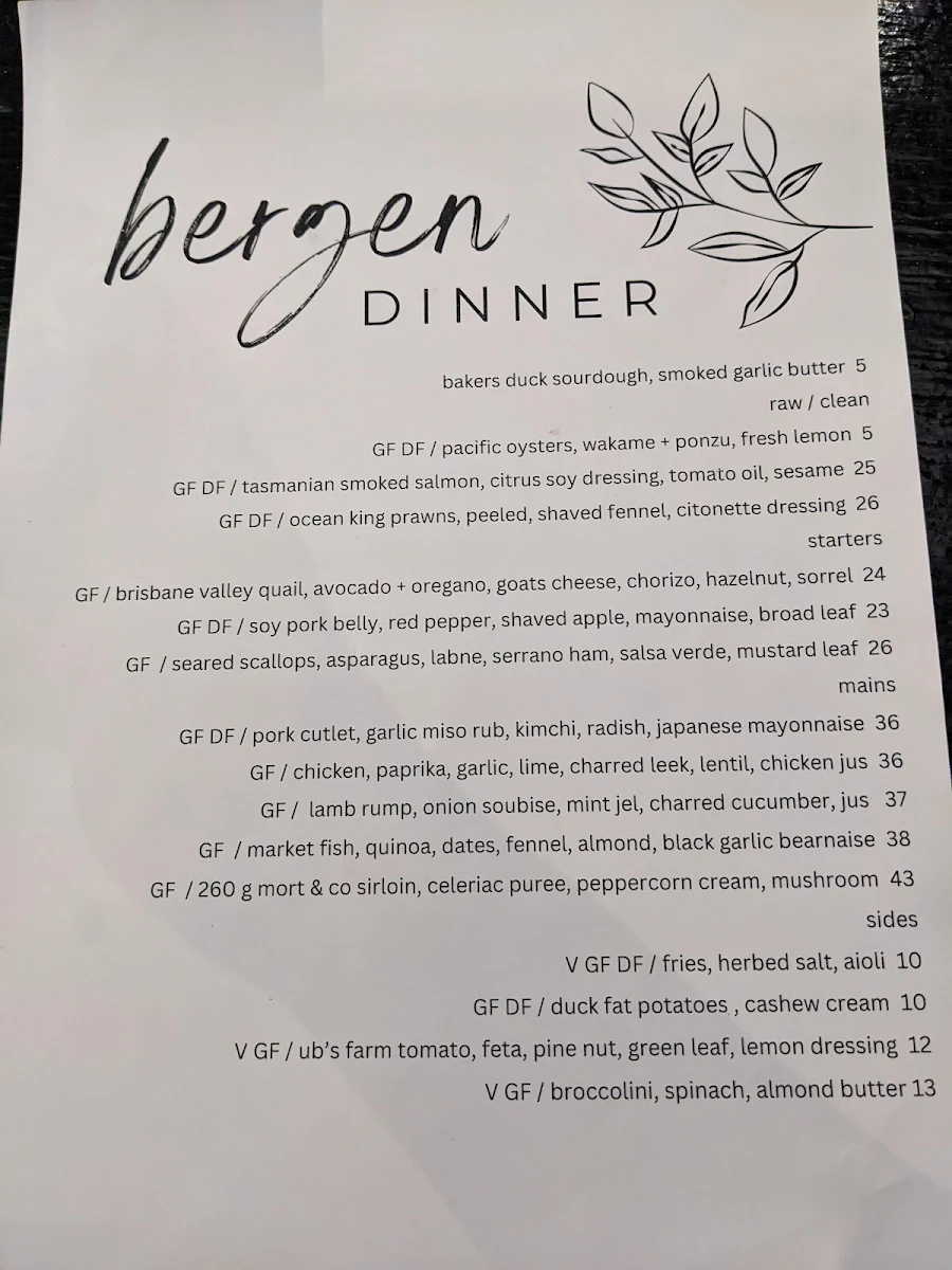 Menu, Bergen Toowoomba