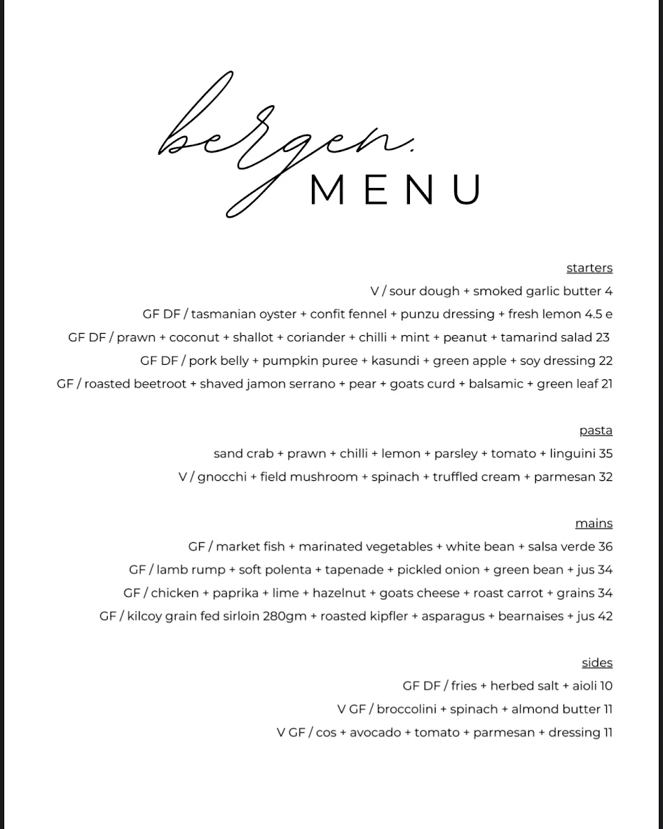 Menu, Bergen Toowoomba