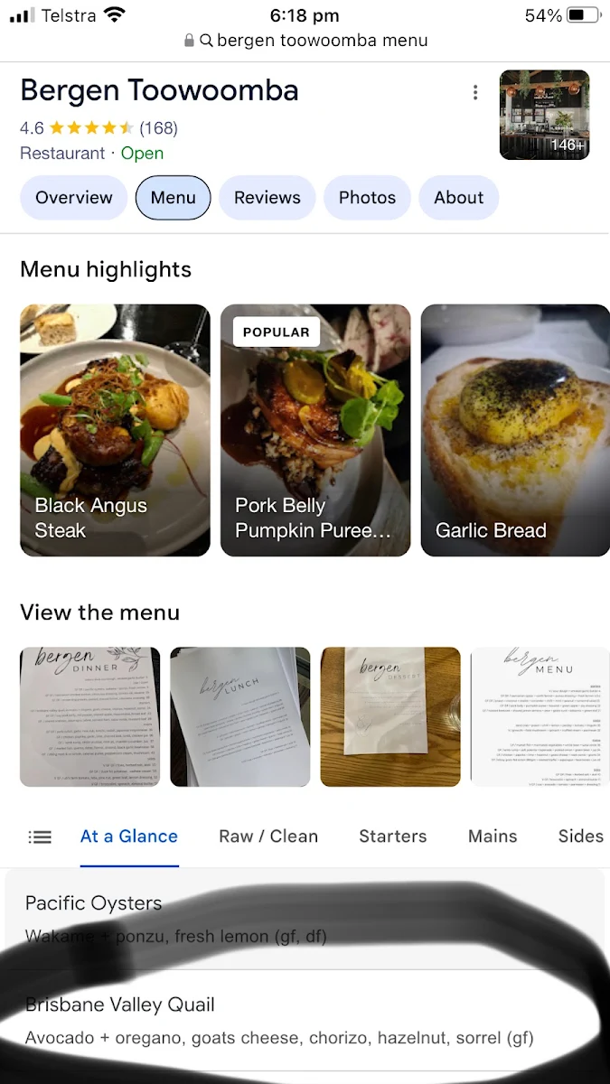 Menu, Bergen Toowoomba
