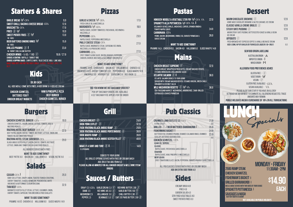 Menu, Riverina Hotel