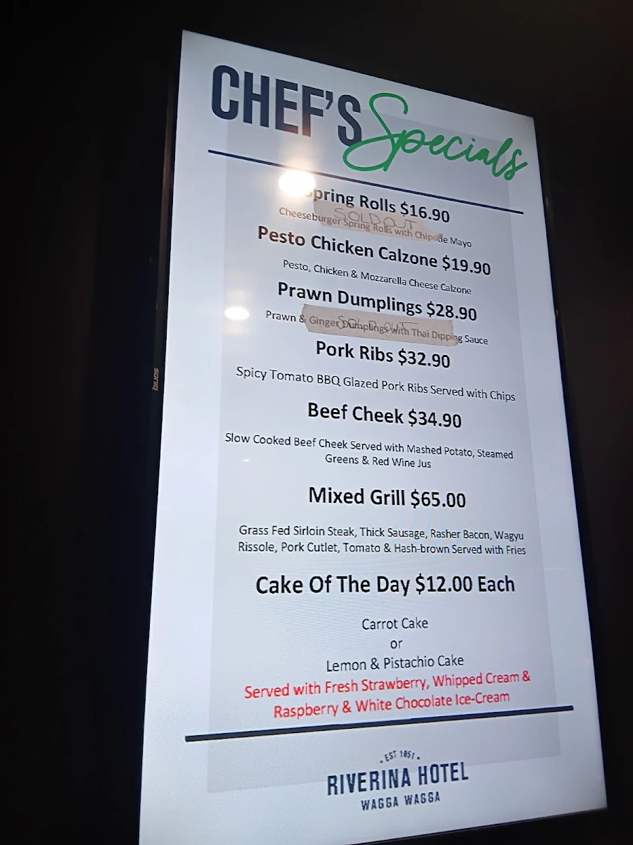 Menu, Riverina Hotel