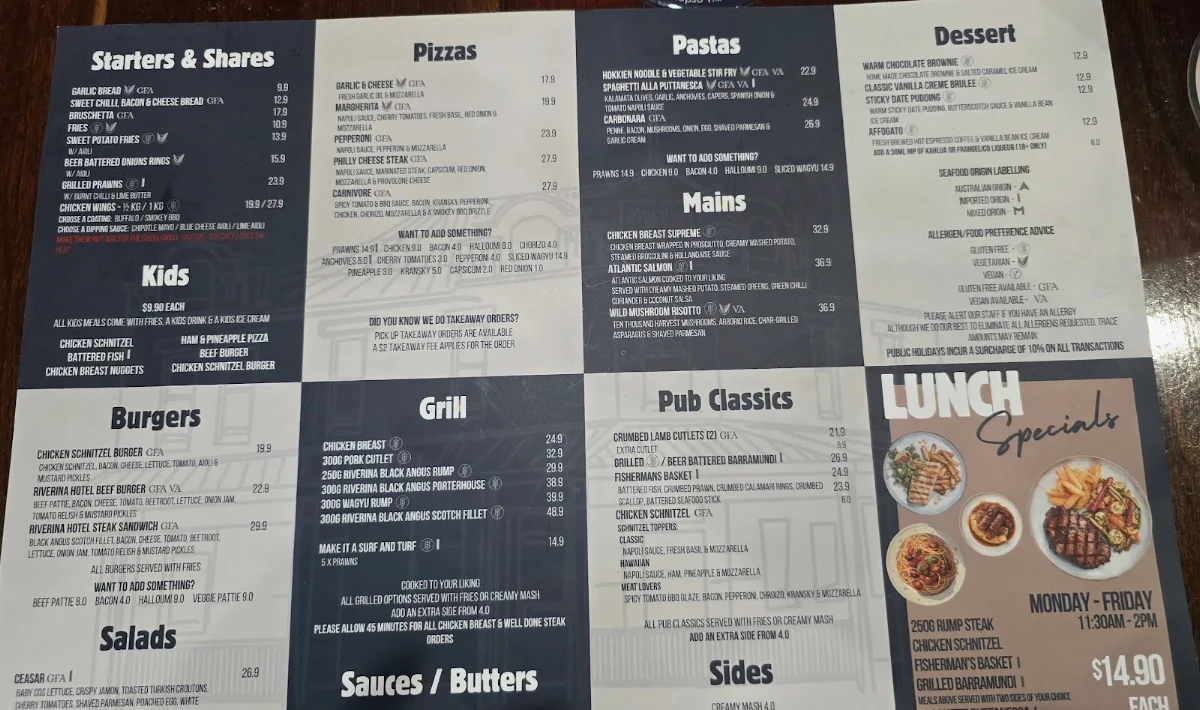 Menu, Riverina Hotel