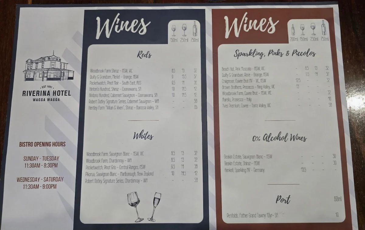 Menu, Riverina Hotel