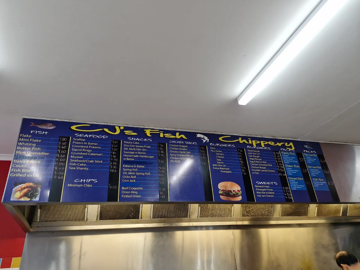 Menu, CJ's Fish & Chippery
