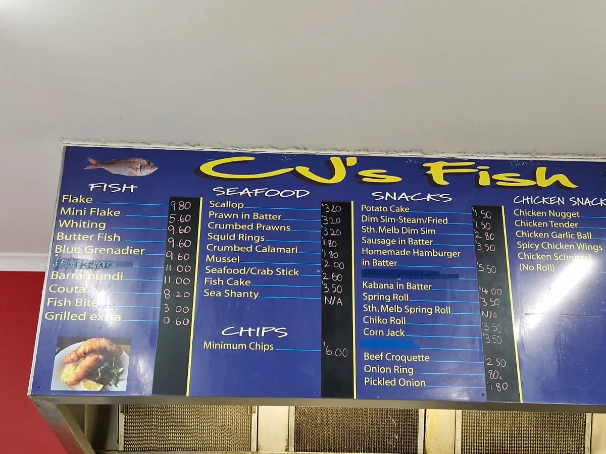 Menu, CJ's Fish & Chippery