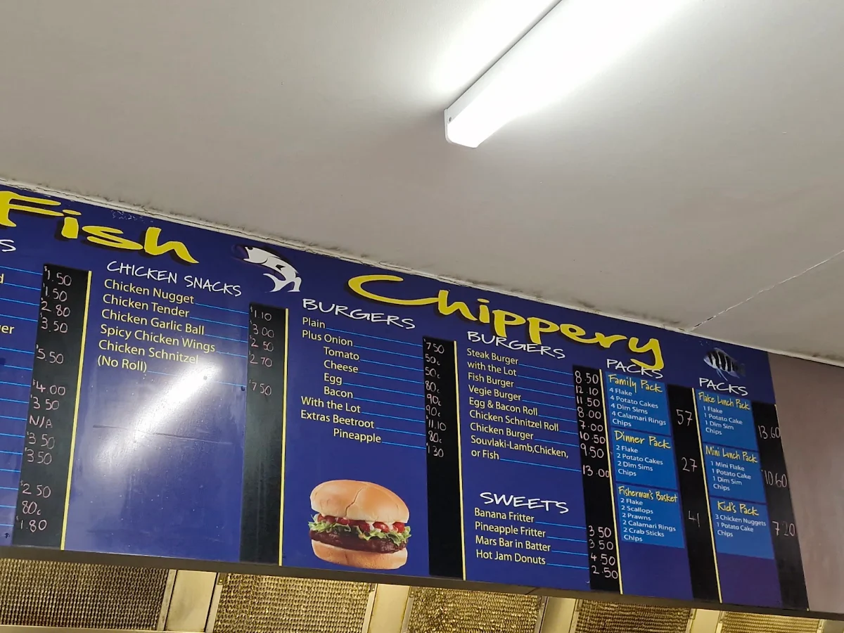 Menu, CJ's Fish & Chippery