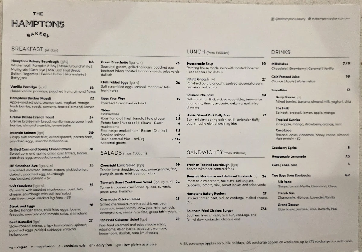 Menu, The Hamptons Bakery