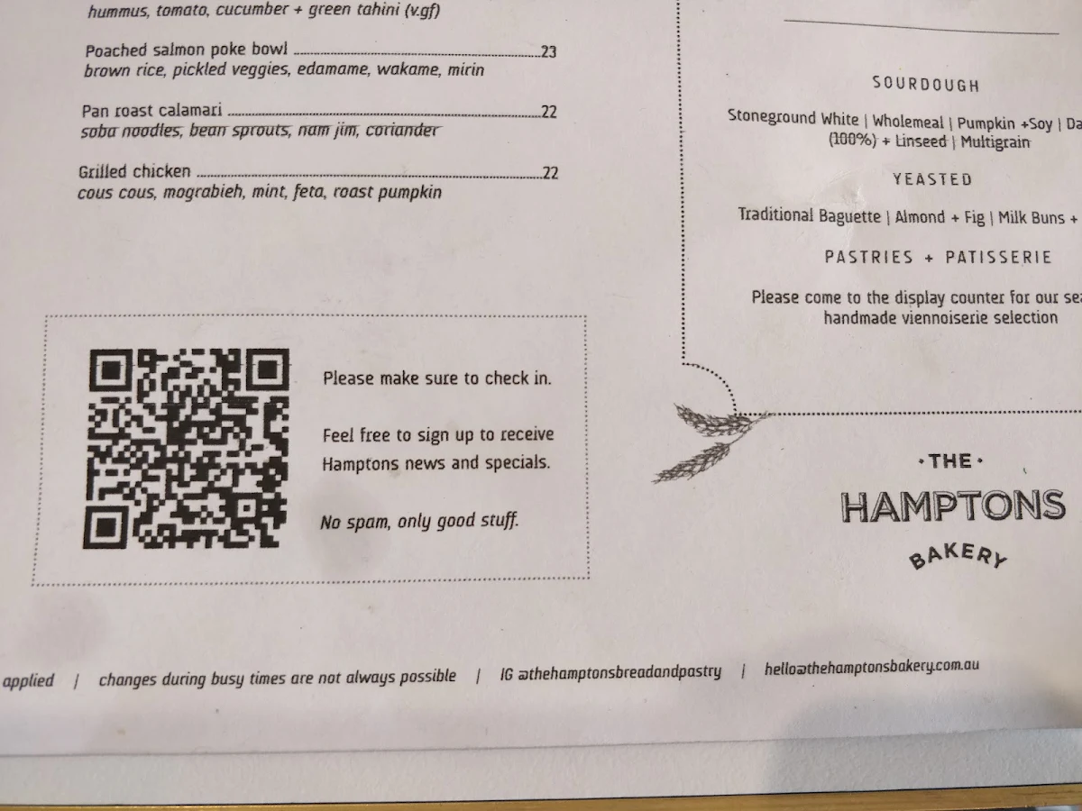 Menu, The Hamptons Bakery