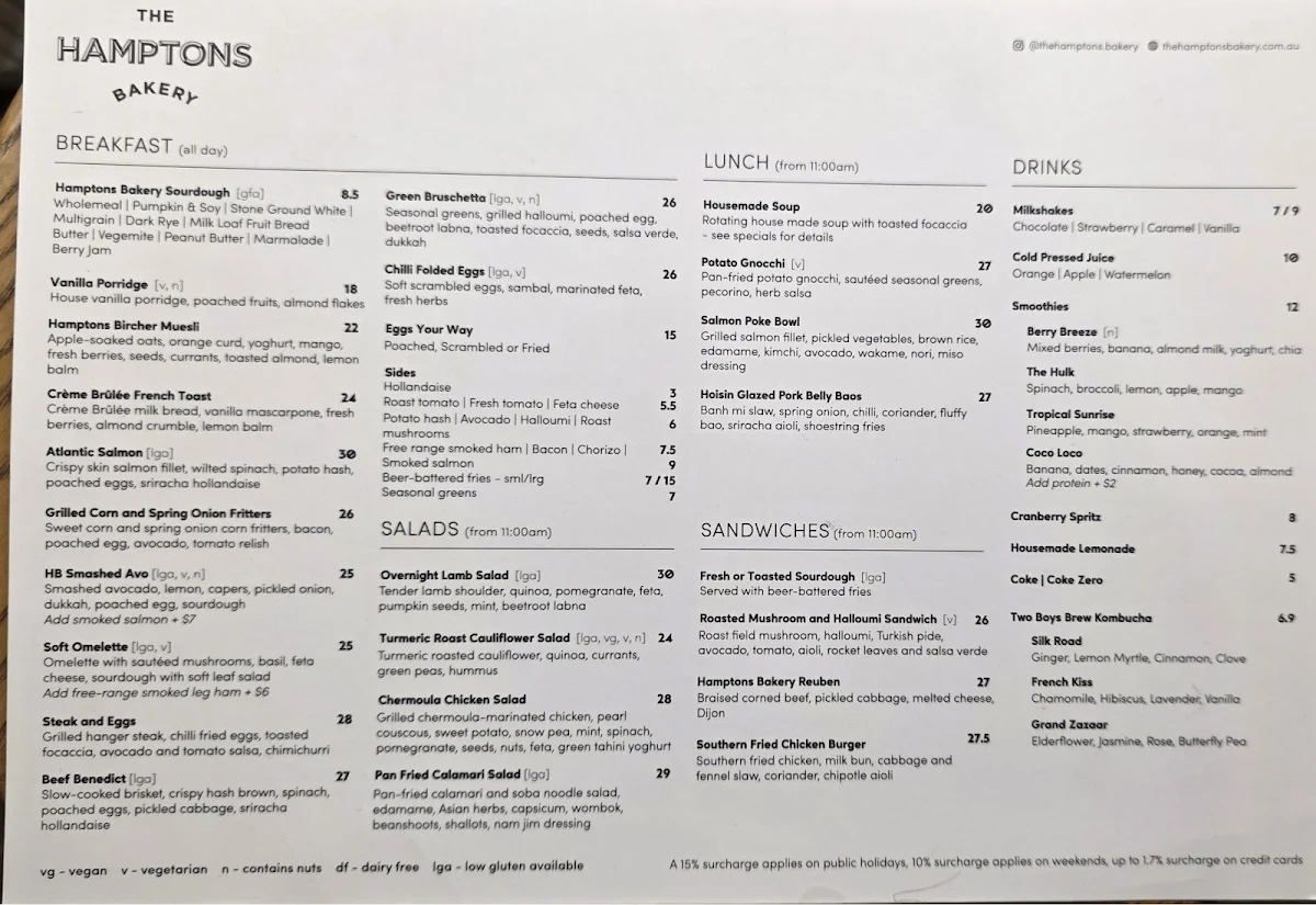 Menu, The Hamptons Bakery