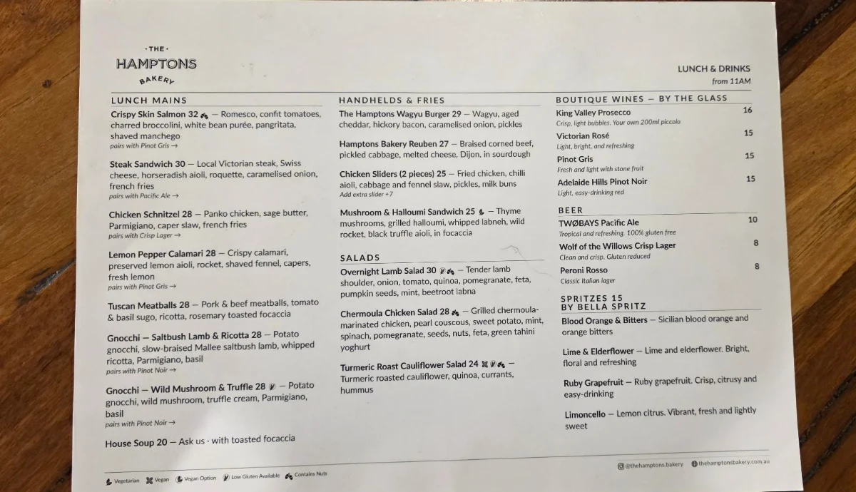 Menu, The Hamptons Bakery