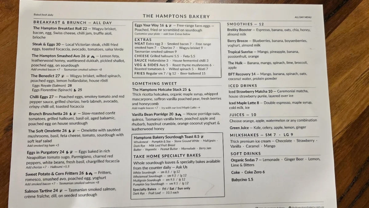 Menu, The Hamptons Bakery
