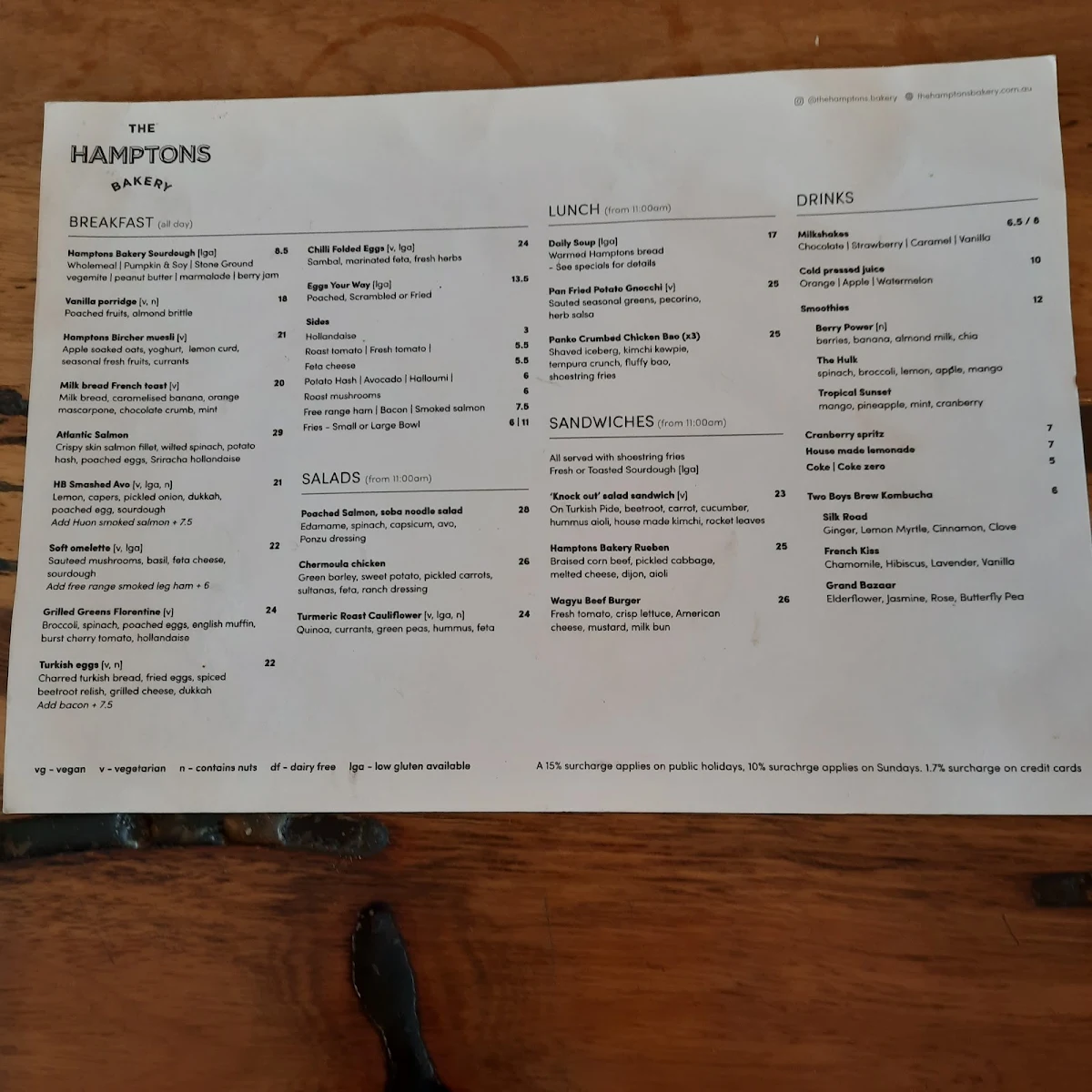 Menu, The Hamptons Bakery