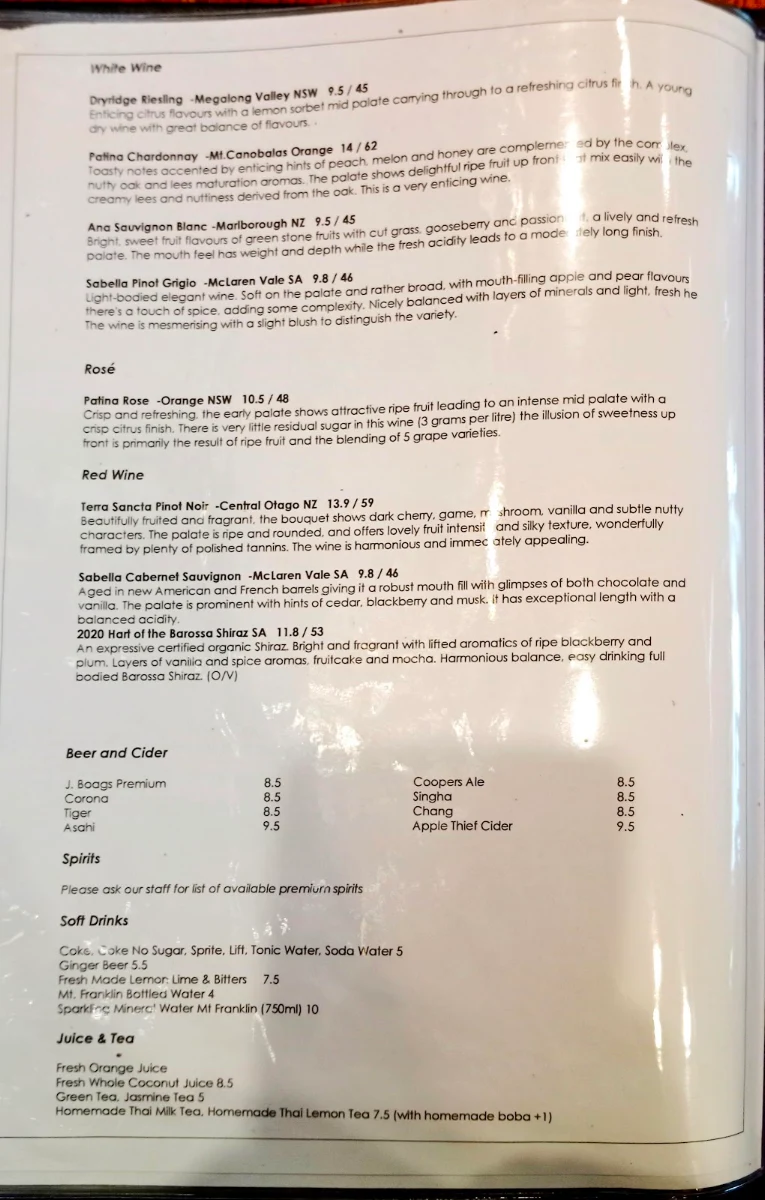 Menu, Thai Fusion
