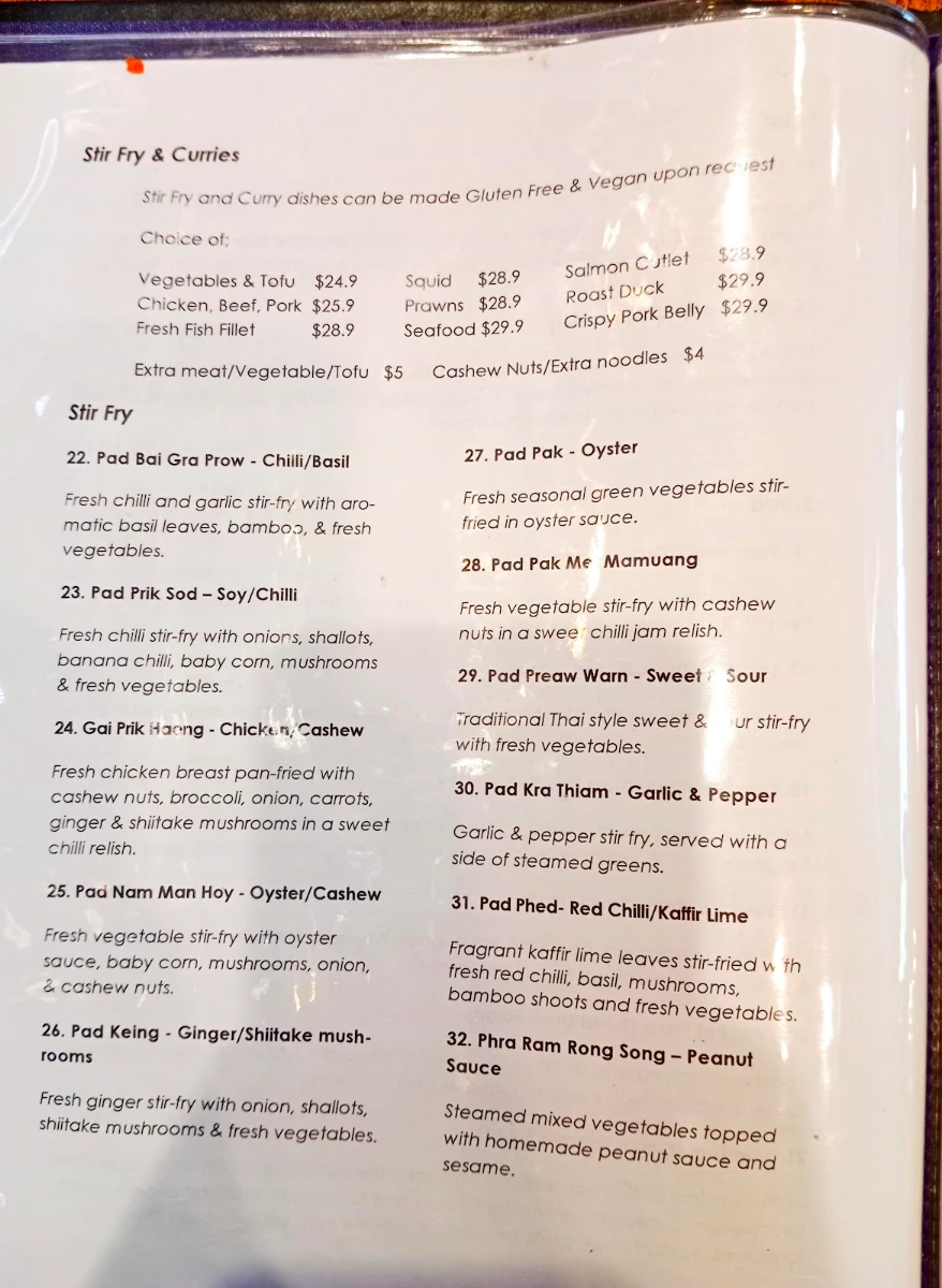 Menu, Thai Fusion