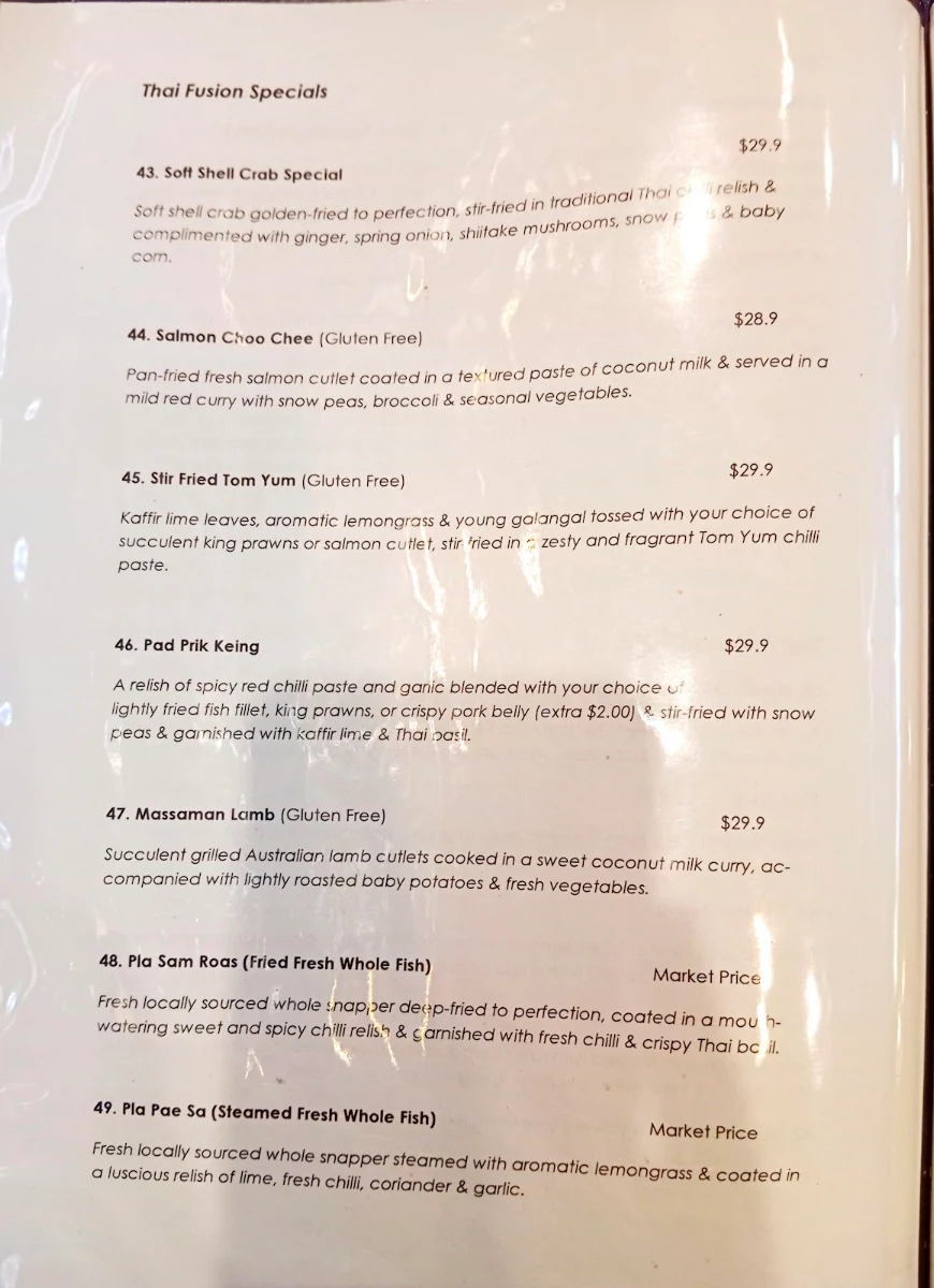 Menu, Thai Fusion