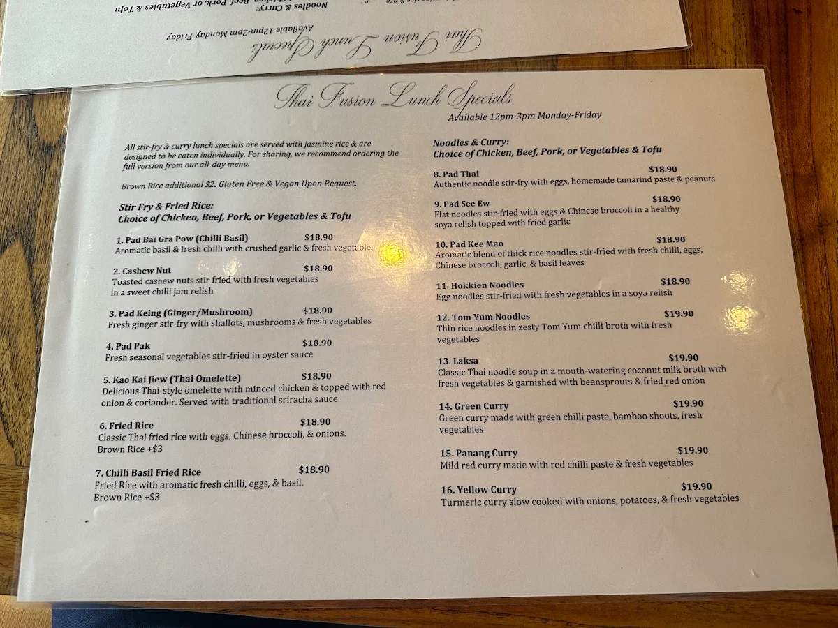 Menu, Thai Fusion
