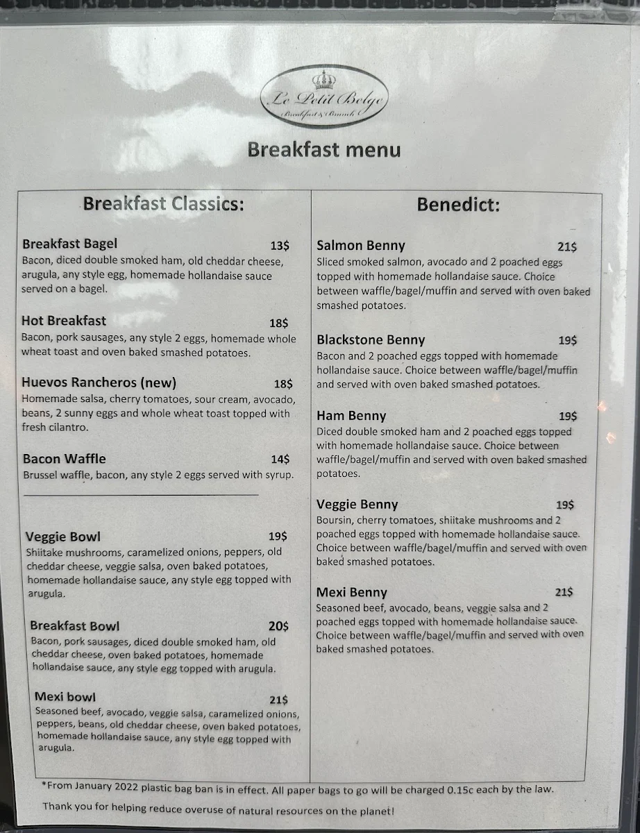 Menu, Le Petit Belge