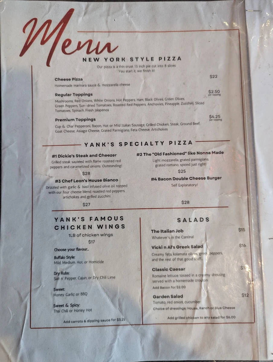Menu, Yank's Old Niagara Bar & Grill