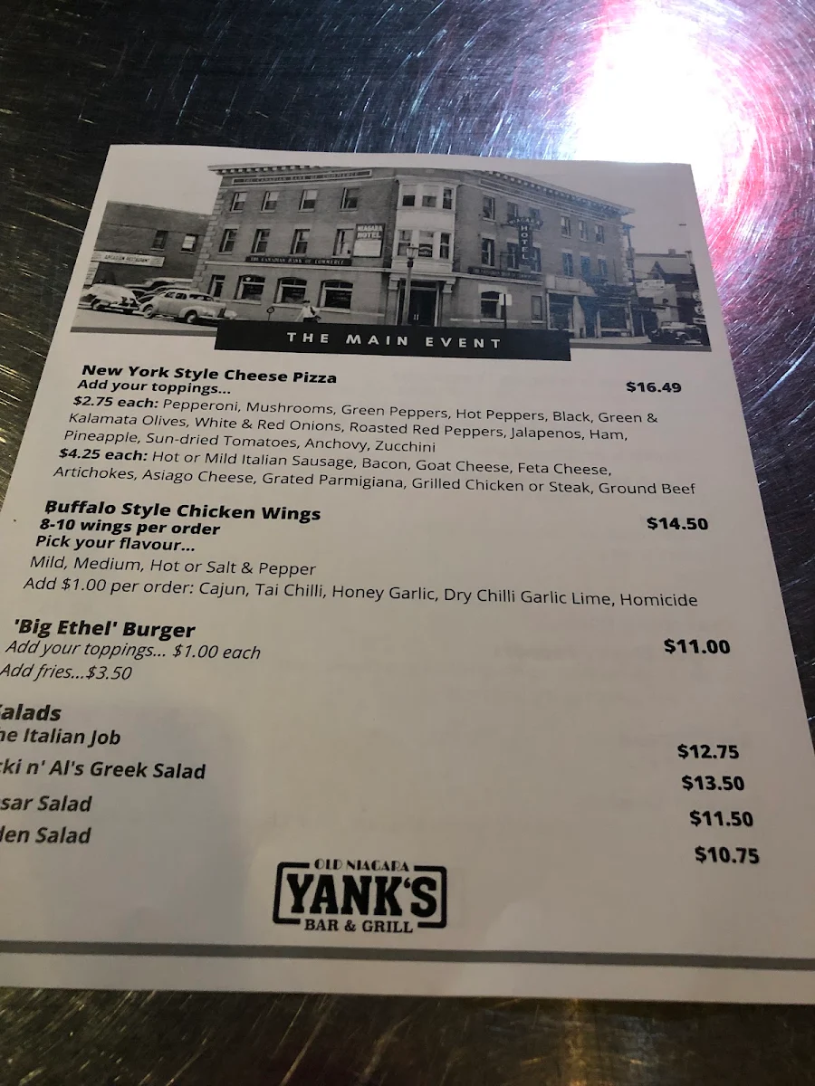 Menu, Yank's Old Niagara Bar & Grill