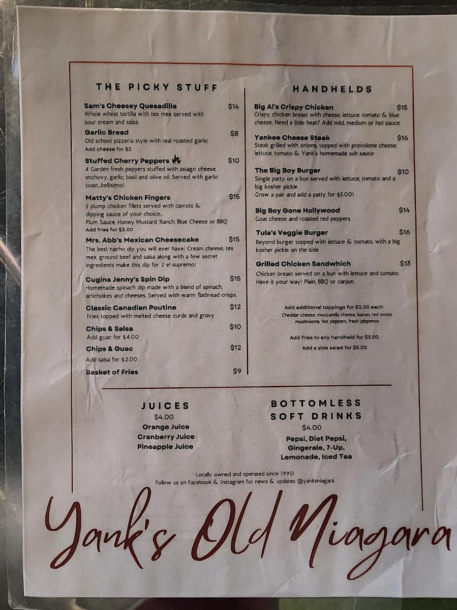 Menu, Yank's Old Niagara Bar & Grill