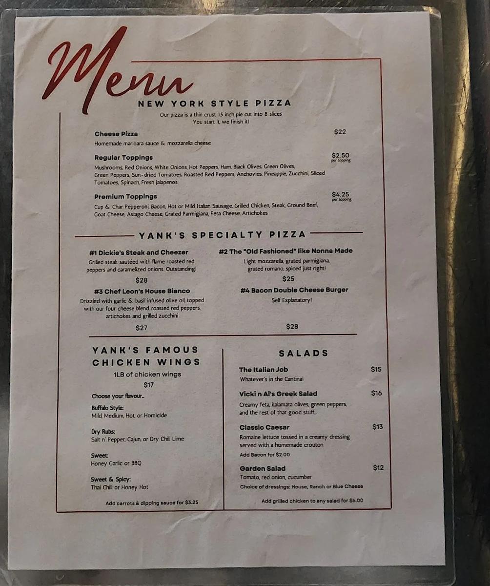 Menu, Yank's Old Niagara Bar & Grill