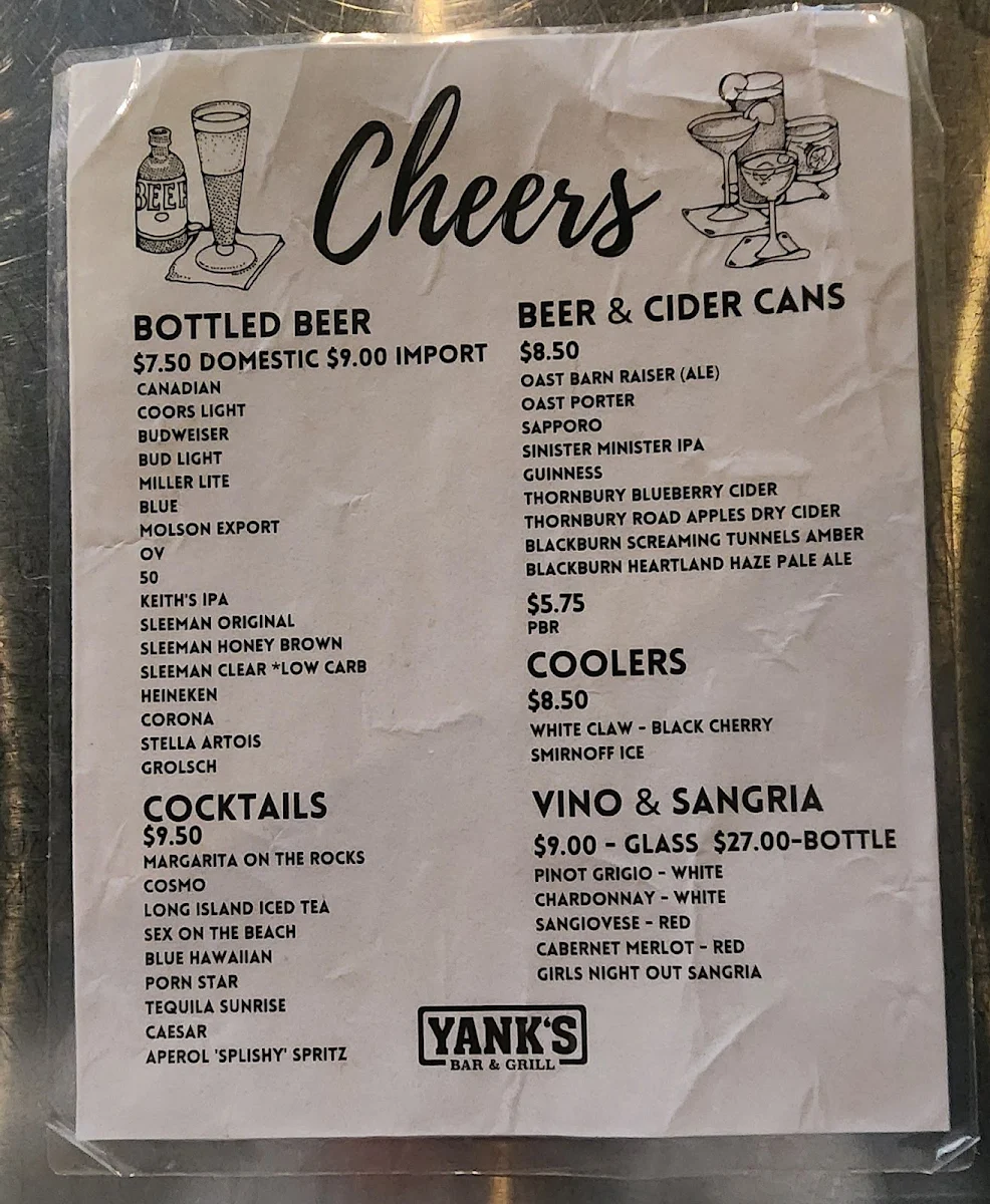 Menu, Yank's Old Niagara Bar & Grill