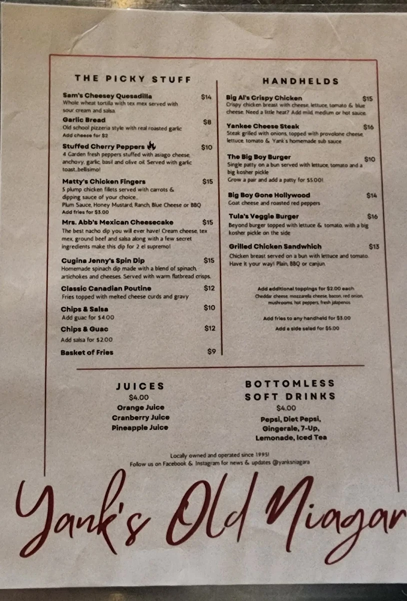 Menu, Yank's Old Niagara Bar & Grill