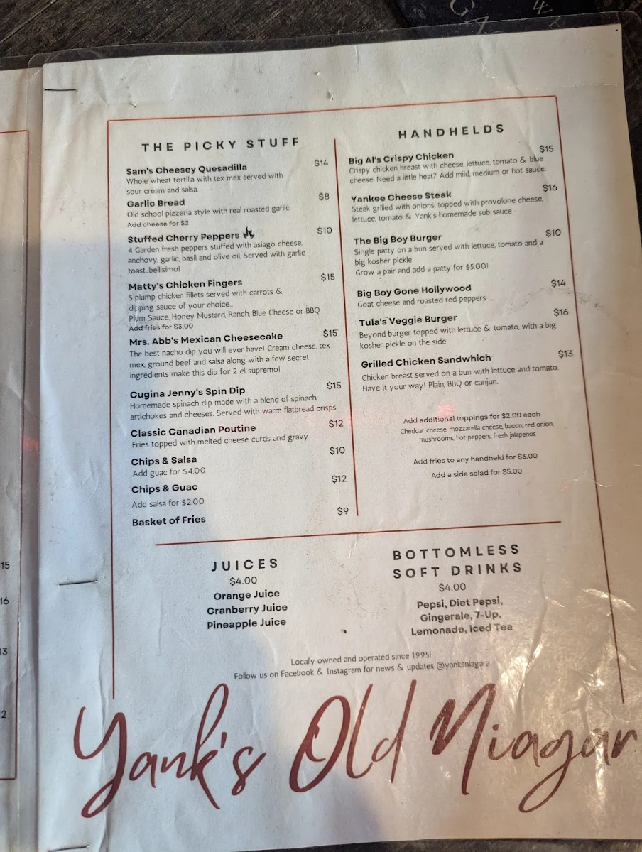 Menu, Yank's Old Niagara Bar & Grill