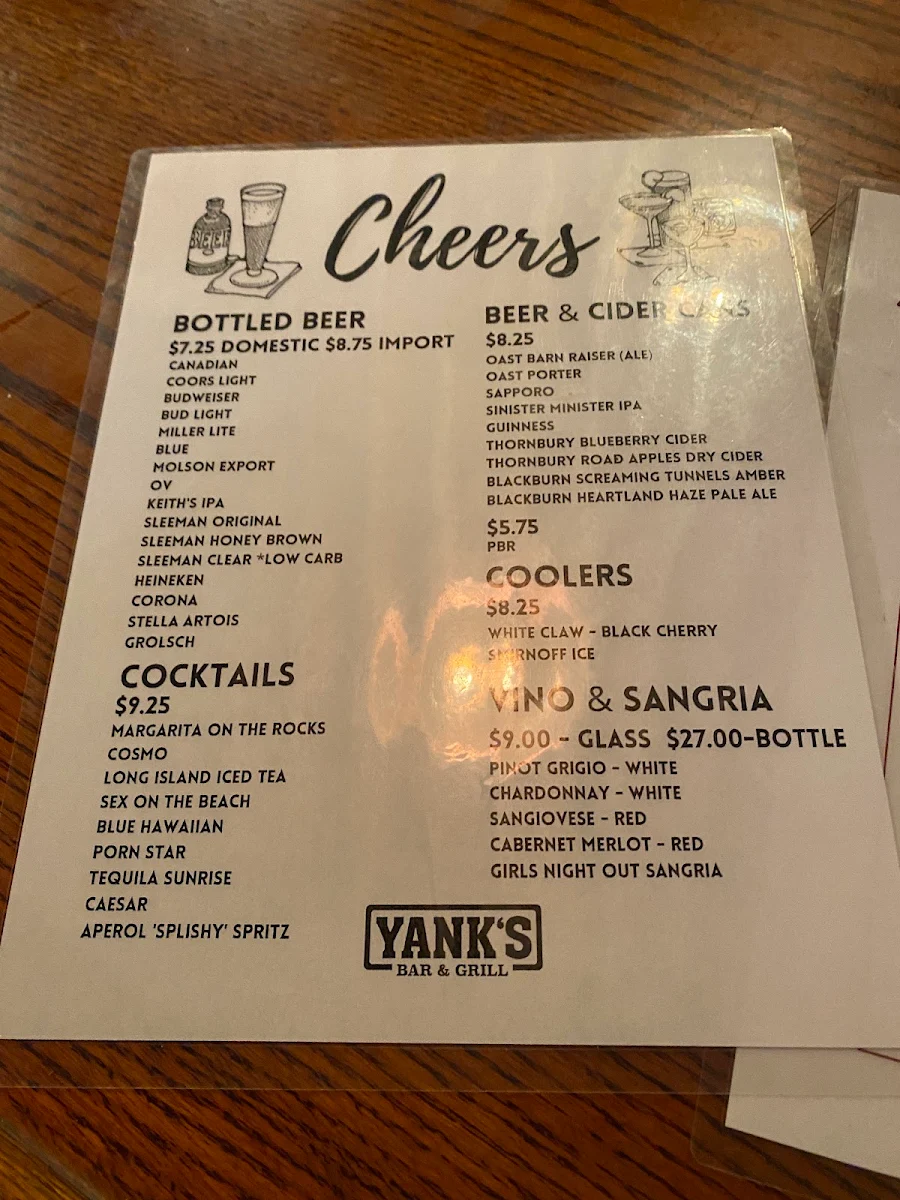 Menu, Yank's Old Niagara Bar & Grill