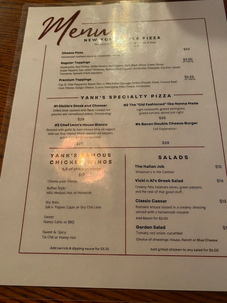 Menu, Yank's Old Niagara Bar & Grill