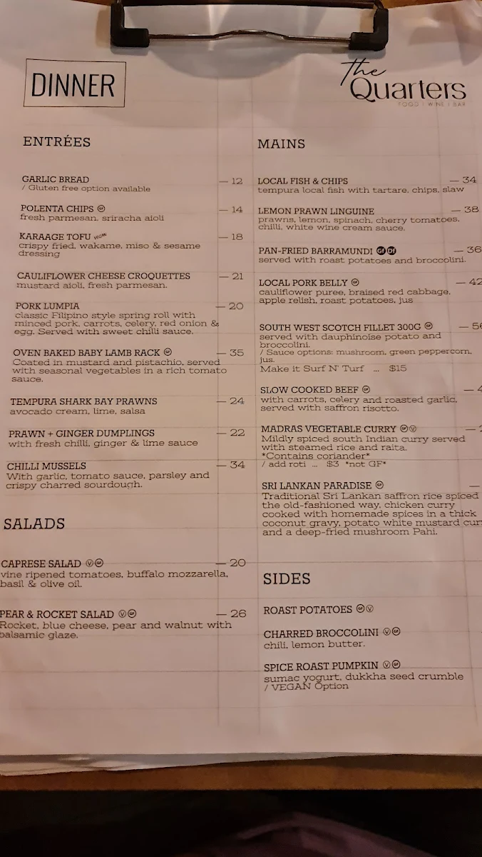 Menu, The Quarters
