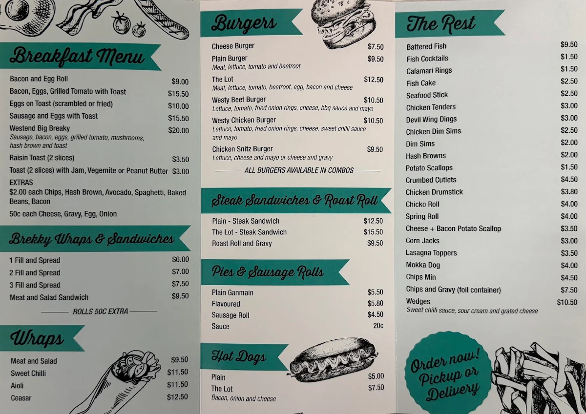 Menu, Westend Sandwich Shop