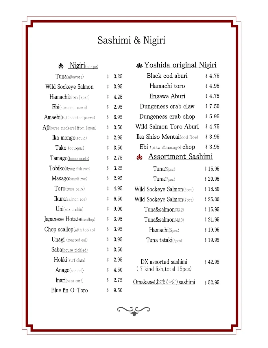 Menu, Yoshida Sushi