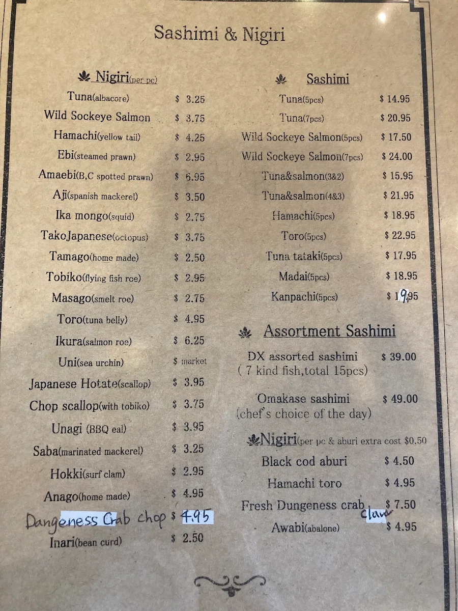 Menu, Yoshida Sushi
